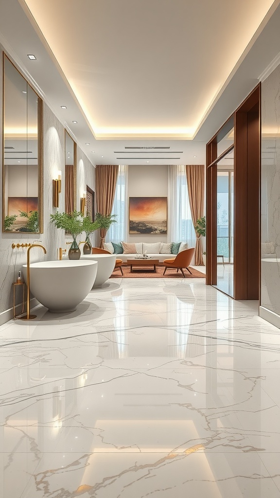 Interior view showcasing marble-like epoxy flooring, modern decor, and neutral tones.