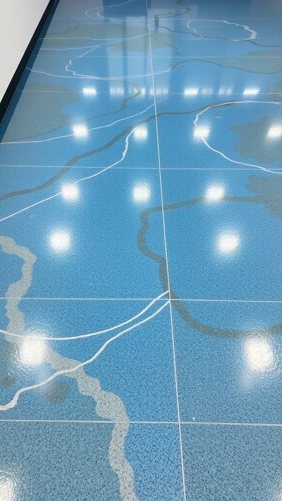 Epoxy floor design featuring a vibrant underwater coral reef with colorful fish