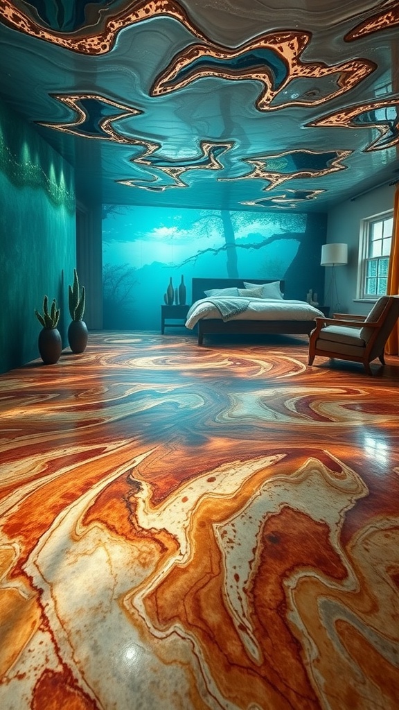 An artistic epoxy floor designed to resemble an underwater scene with swirling copper and warm hues.