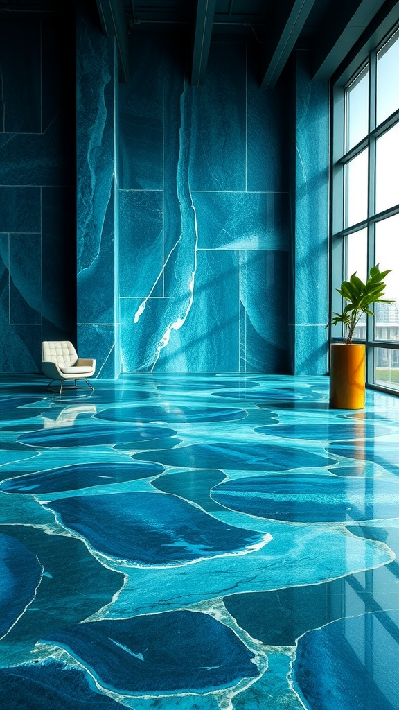 A colorful underwater scene featuring fish and coral designed in a resin floor.
