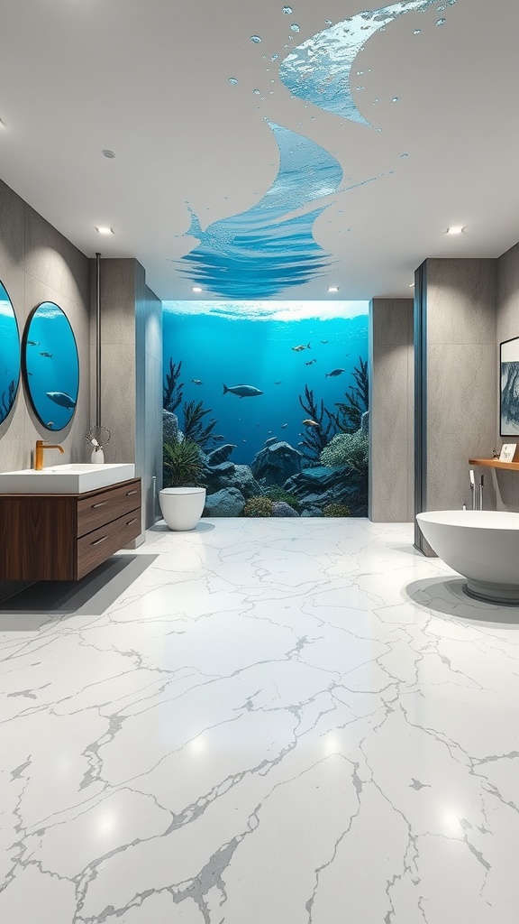 A modern bathroom with underwater theme, featuring marble epoxy flooring and a mural of aquatic life.
