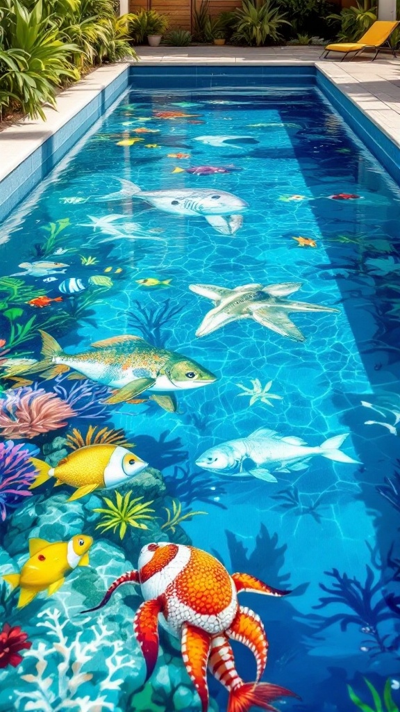 Colorful underwater epoxy design in a pool featuring various fish and coral