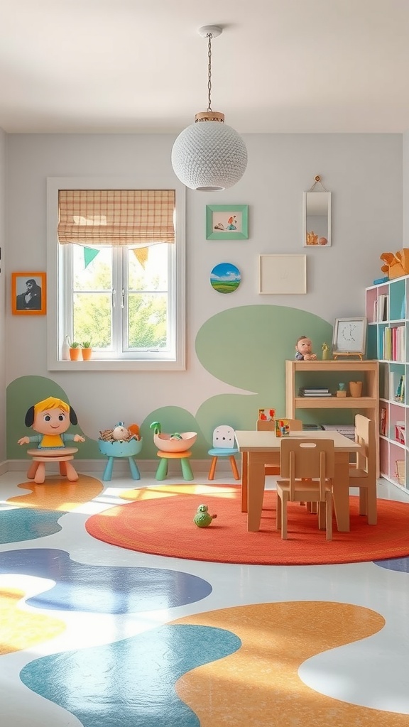 A spacious interior with an underwater-themed epoxy floor featuring colorful marine life and waves.