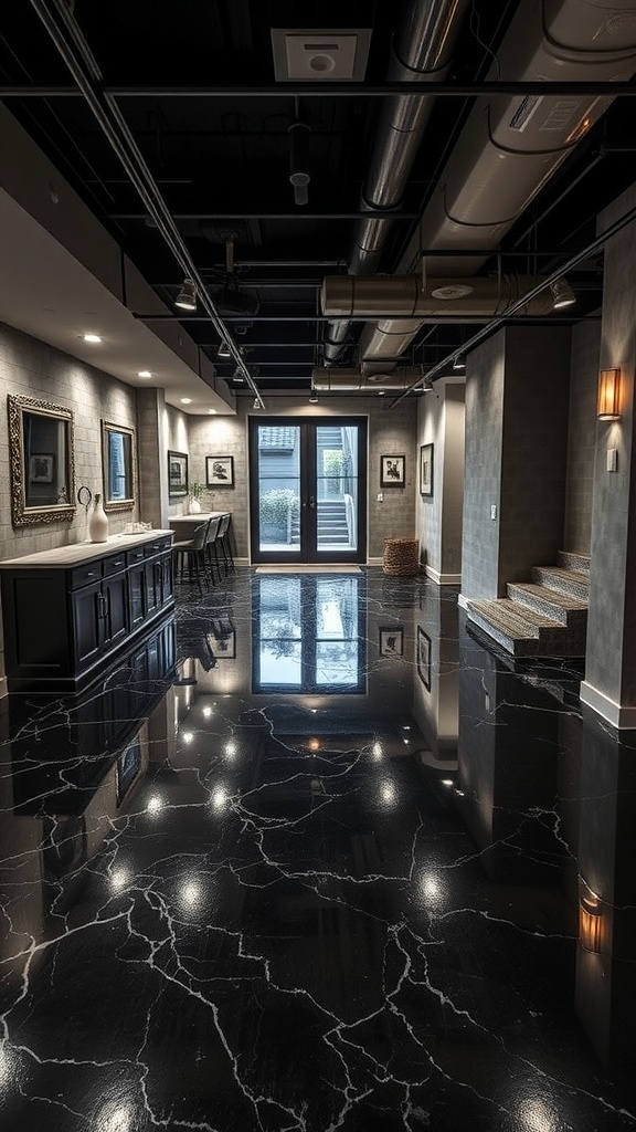 A black epoxy floor with white veins, reflecting light in a modern basement space.