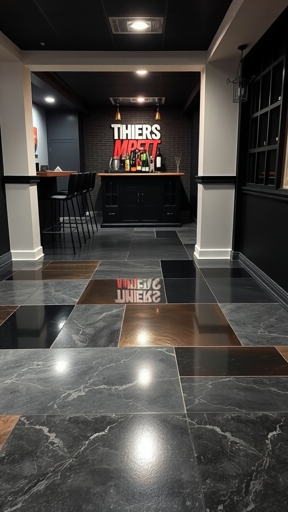 Stylish epoxy basement floor showcasing a blend of black and brown colors with a polished finish.