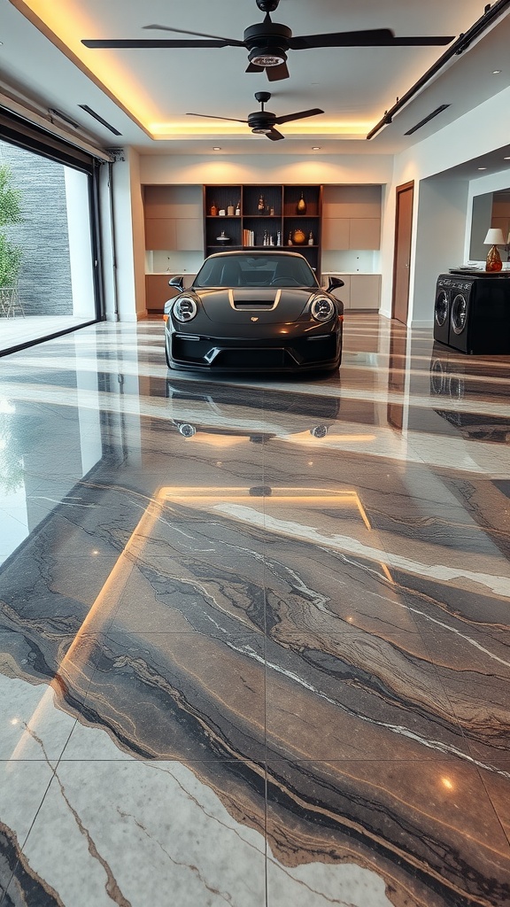 Interior space featuring a glossy marble-like epoxy floor and a sleek car.