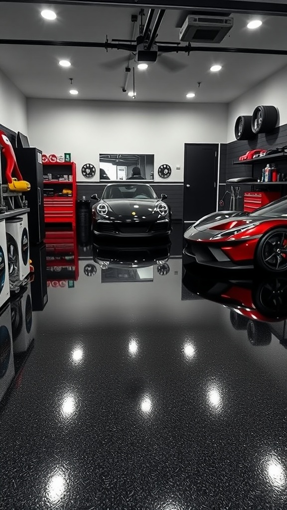 A luxury garage featuring black epoxy flooring, two sports cars, and stylish cabinets.