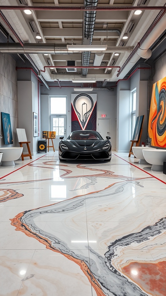 A luxurious interior showcasing unique epoxy flooring with marble-like patterns in shades of orange, black, and white, complemented by modern art and a sleek car.
