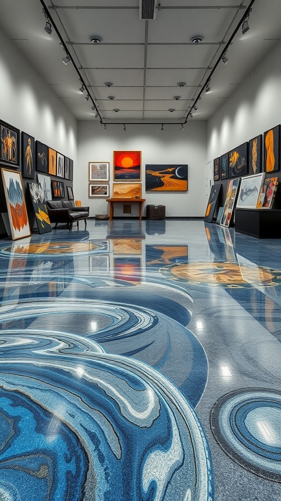 An art gallery featuring colorful epoxy resin flooring with abstract designs, showcasing various artworks on the walls.