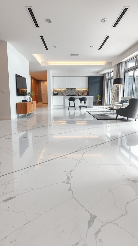 A modern room with white and grey epoxy flooring featuring geometric patterns, showcasing a stylish home interior.