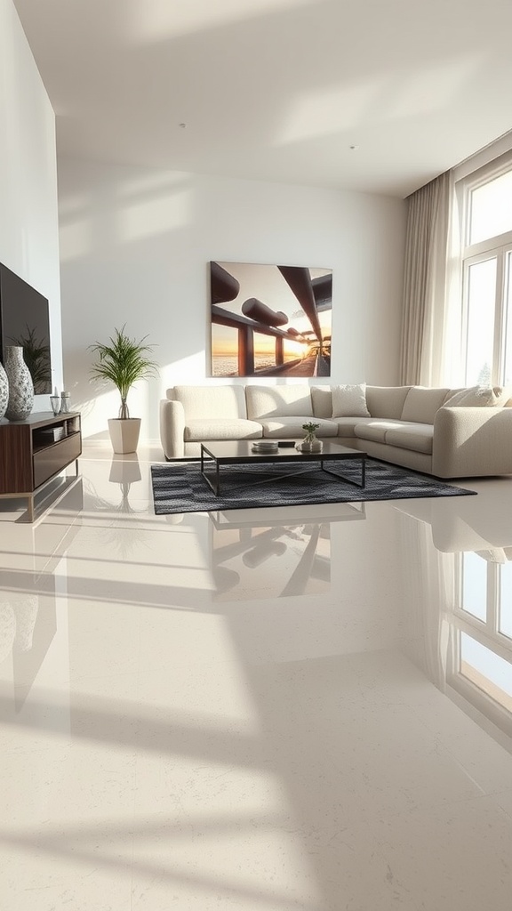 A metallic epoxy floor in a hallway, featuring intricate patterns and reflections under bright lights.