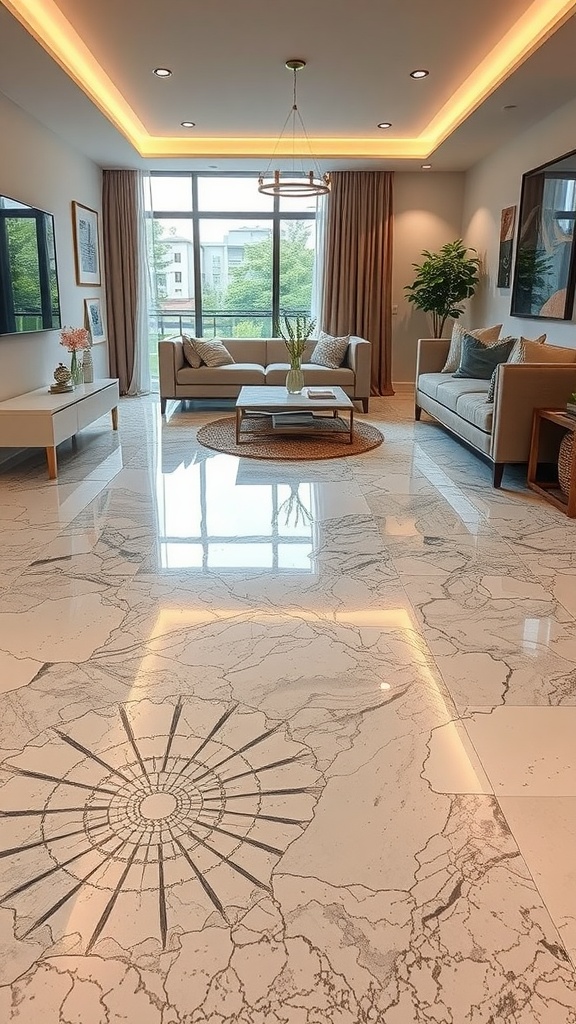 Luxury epoxy floor with unique circular patterns in a stylish living area