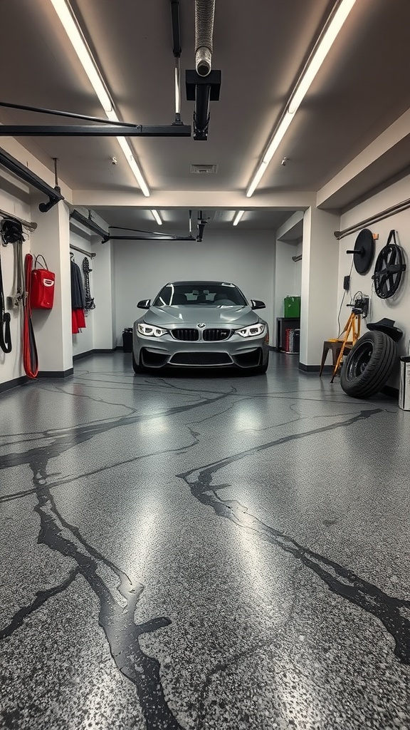 Garage floor with stenciled patterns and designs.