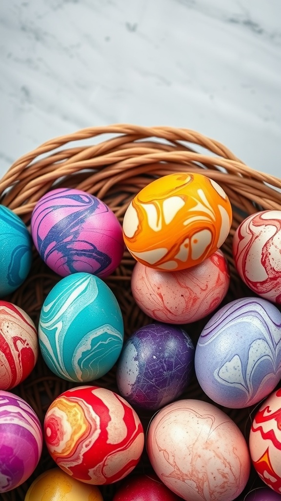 A basket of beautifully colored Easter eggs with various swirling patterns.