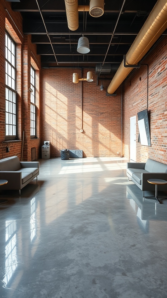 Modern urban loft with epoxy flooring, exposed brick walls, and natural light.