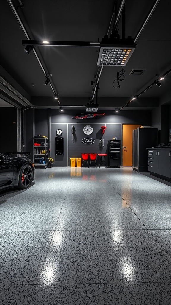 A garage with a colorful 3D epoxy floor design featuring flowing patterns in blue and orange.