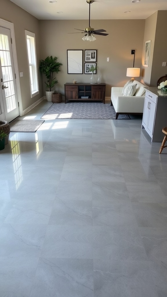 Living room featuring a glossy gray epoxy floor