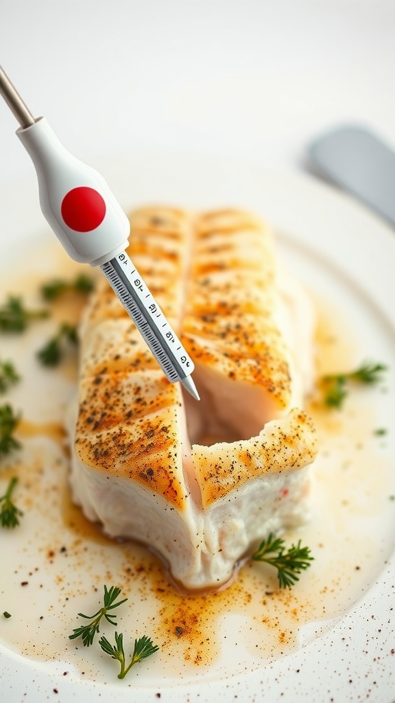 A meat thermometer being used to check the doneness of cod fillets.