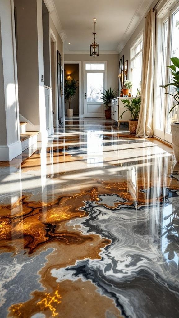 A hallway featuring a metallic epoxy floor with swirls of gold, gray, and black.