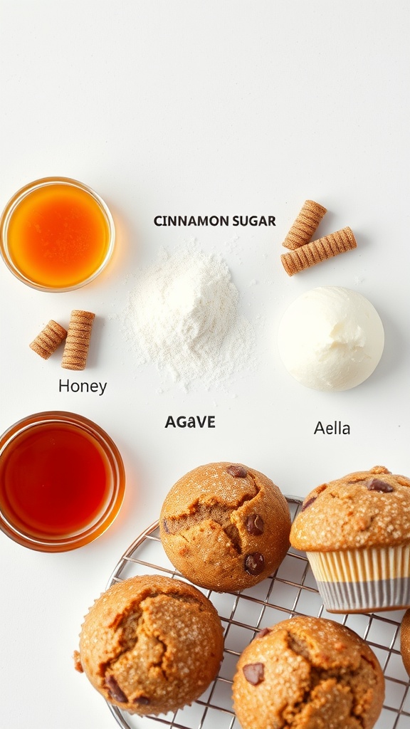 A collection of ingredients for making cinnamon sugar donut muffins, including sweeteners like honey and agave.