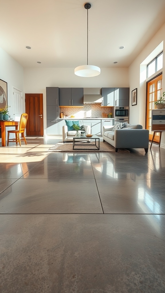 A modern interior with polished stained concrete floors, showcasing a bright living area with stylish furniture.