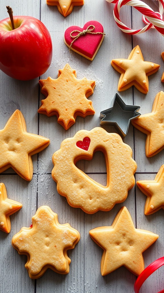 Decorated candy apple cookies in various shapes with cookie cutters
