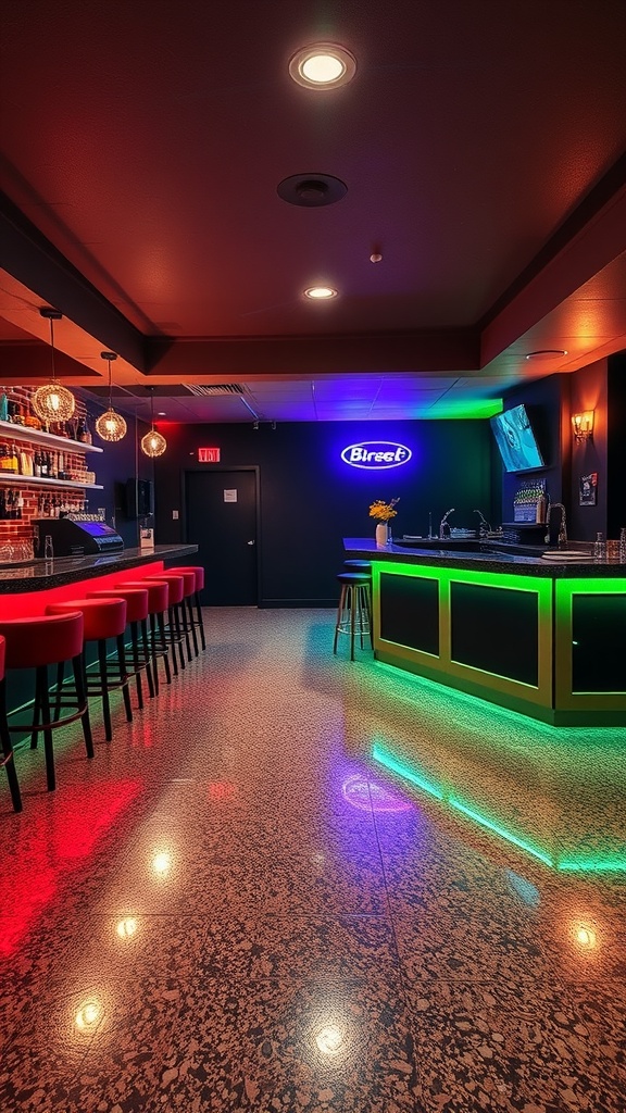 A stylish basement bar area featuring a seamless metallic epoxy floor, vibrant lighting, and a pool table.