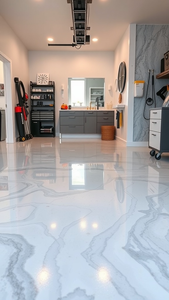A stylish garage with glossy epoxy flooring showcasing a marble design.