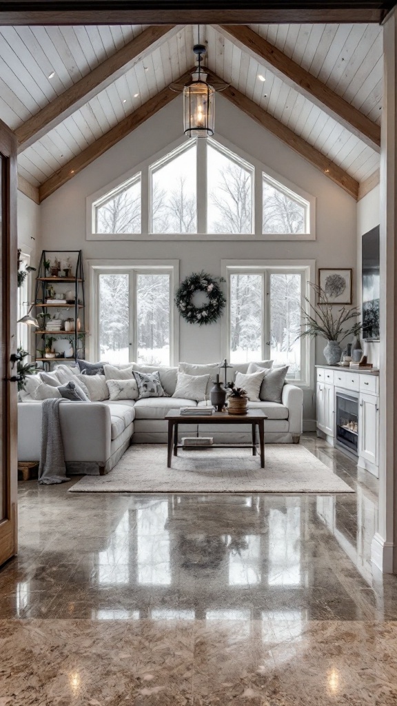 A cozy living room with high ceilings, large windows, and a radiant floor.