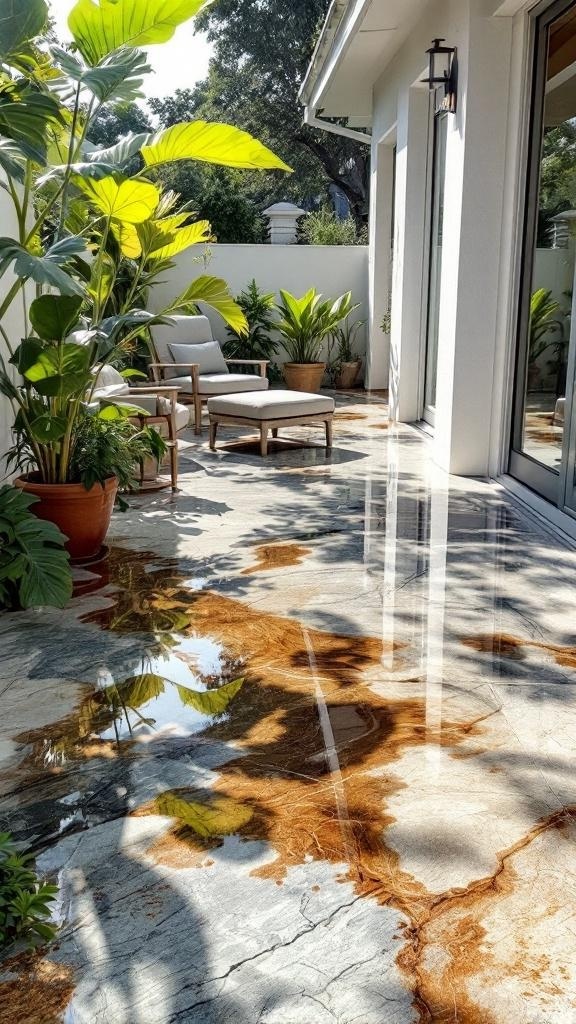 A beautifully stained epoxy floor in an outdoor space surrounded by plants and furniture.