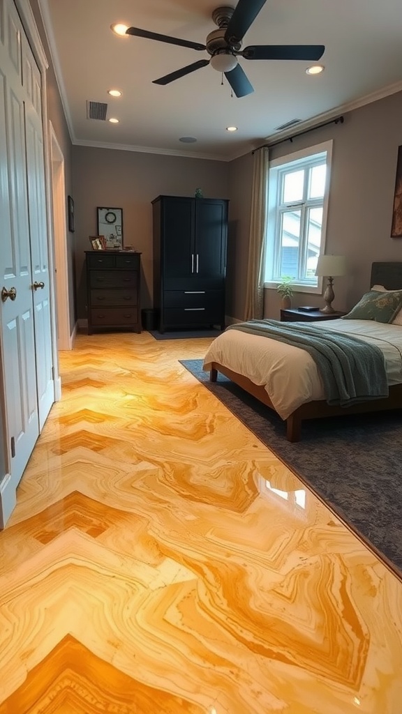 A modern bedroom featuring a warm amber epoxy floor with a chevron pattern, complemented by a stylish bed and furniture.