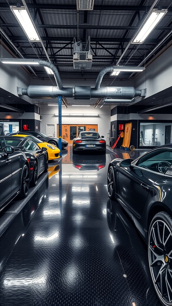 A modern commercial space featuring midnight blue and gray metallic epoxy flooring.