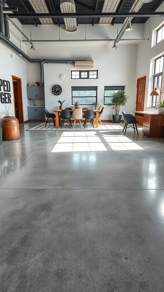 A modern industrial interior with polished concrete flooring and stylish furniture.