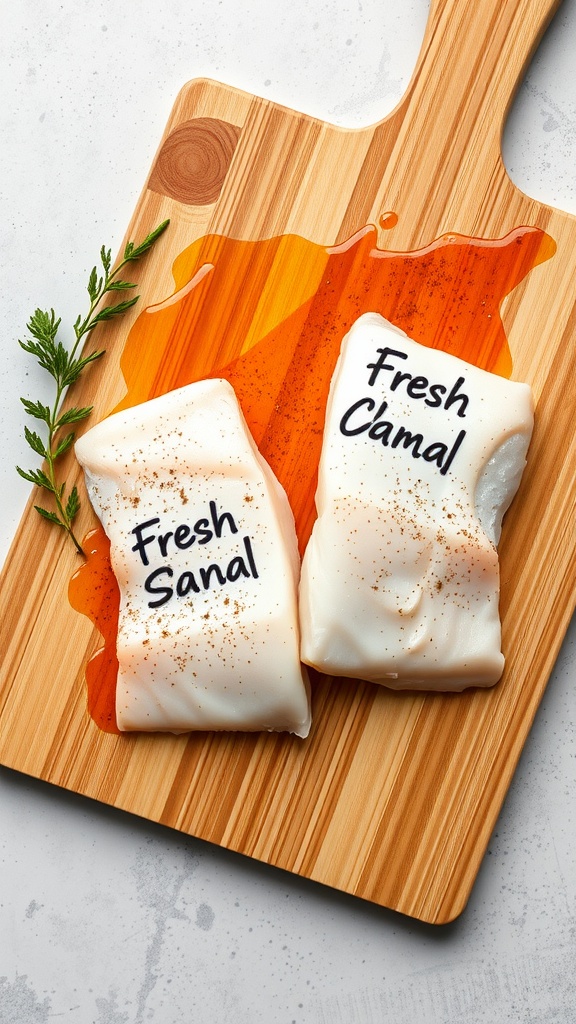 Fresh cod fillets on a cutting board with lemon butter sauce.