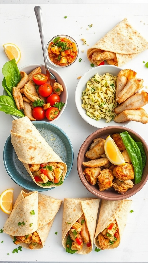 Cheesy garlic chicken wraps with lettuce, tomatoes, and garlic sauce on a table.