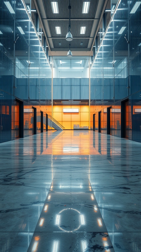 A spacious interior with shiny epoxy flooring reflecting light, showcasing a modern design.