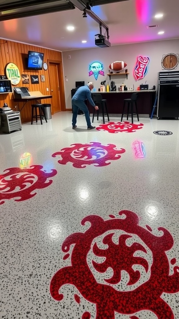 A person using stencils to create unique red patterns on an epoxy floor in a garage bar