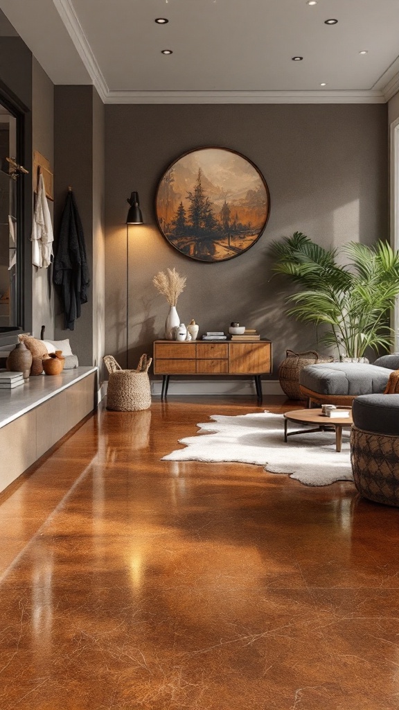 A cozy living room featuring warm colors, wooden furniture, and plants.