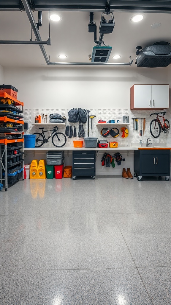 Organized utility closet with epoxy flooring, wall-mounted storage, and colorful bins.