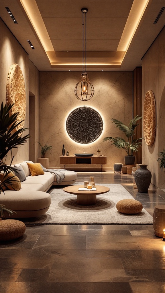 A cozy living room with soft lighting, plants, and comfortable seating.