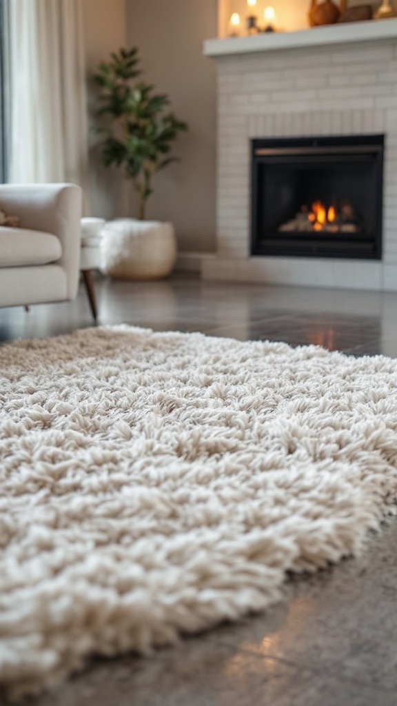 A soft, shaggy area rug in a living room setting with a fireplace and a plant.