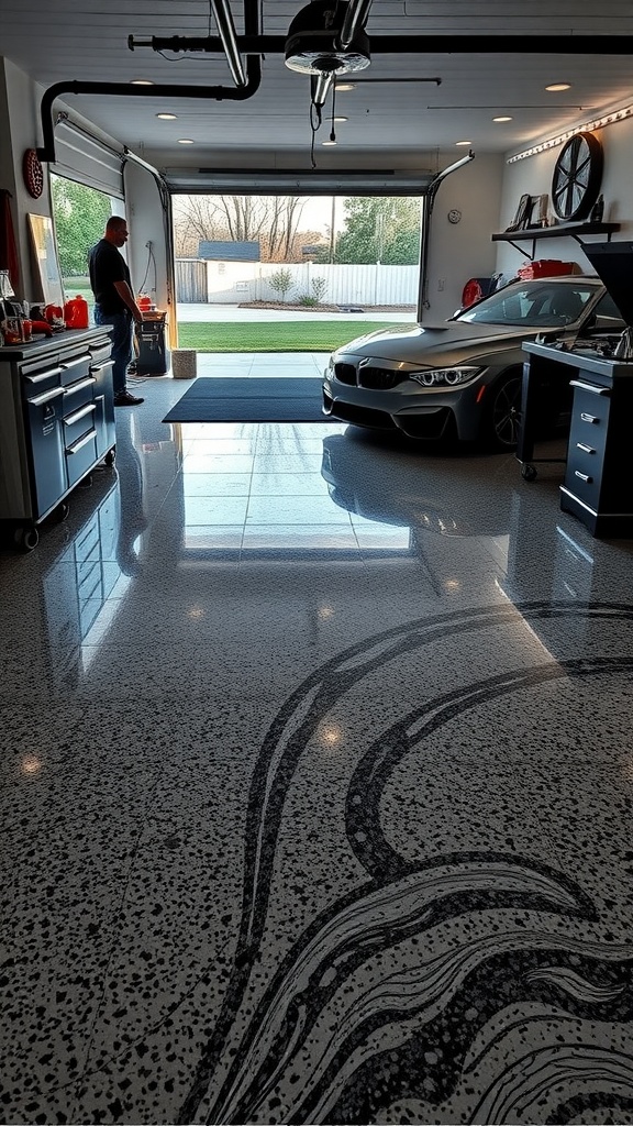 A modern garage featuring a stylish epoxy floor, showcasing the flow from indoor to outdoor space with a car parked inside.