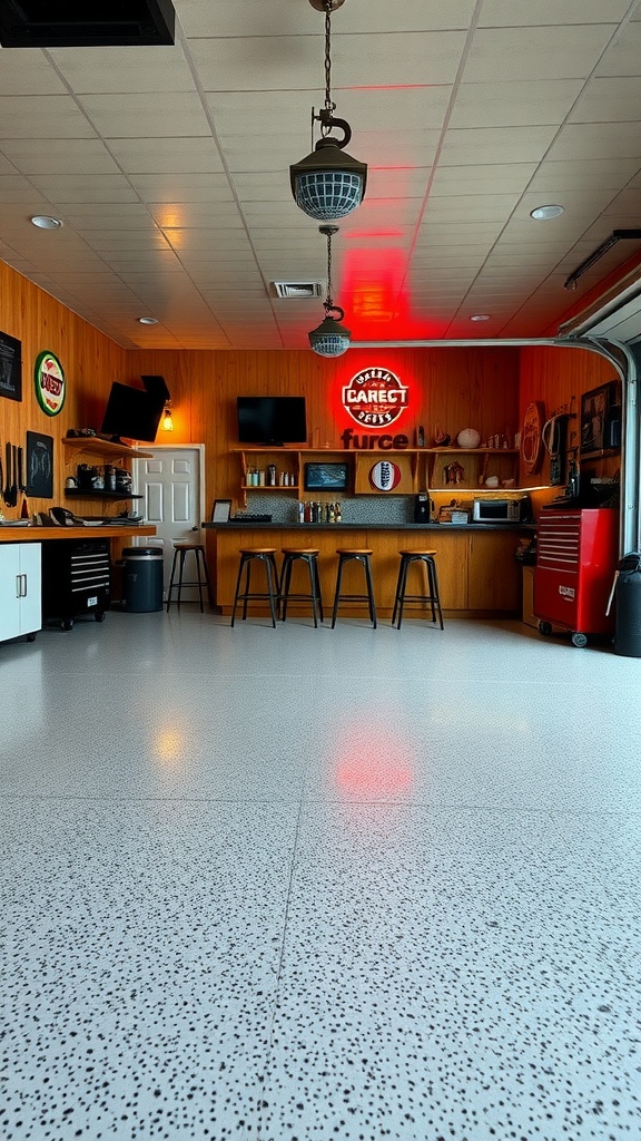 A stylish garage bar featuring a stunning epoxy floor, bright lights, and rustic decor.