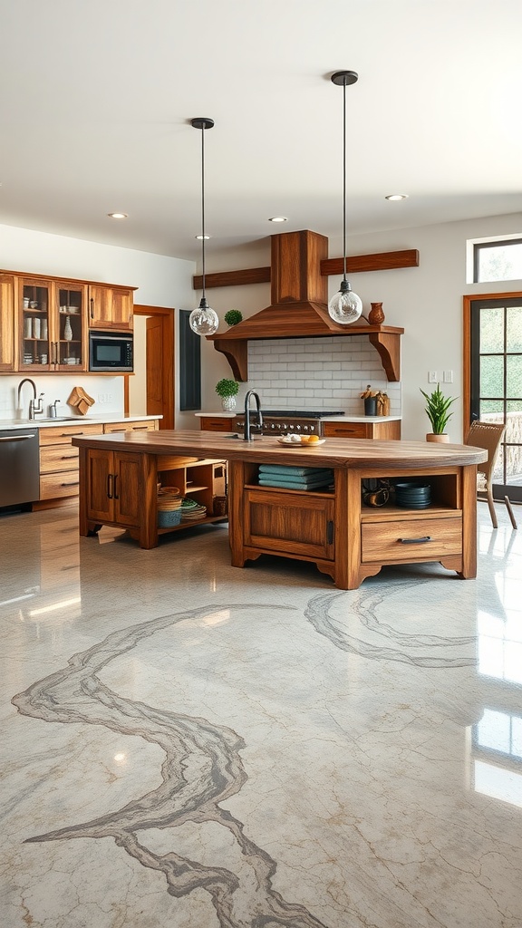 A modern farmhouse kitchen with a wooden island table, featuring hidden storage solutions and an artistic epoxy floor.
