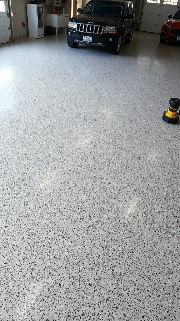 A speckled epoxy garage floor with a vehicle parked, showcasing a clean and polished look.