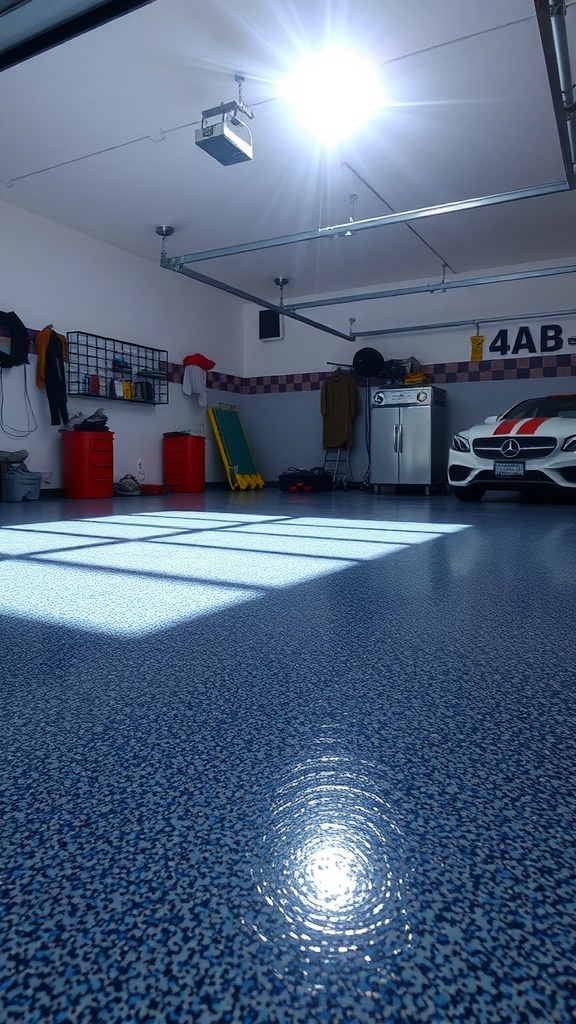 A stylish garage with a shiny, patterned epoxy floor and a sleek car inside.