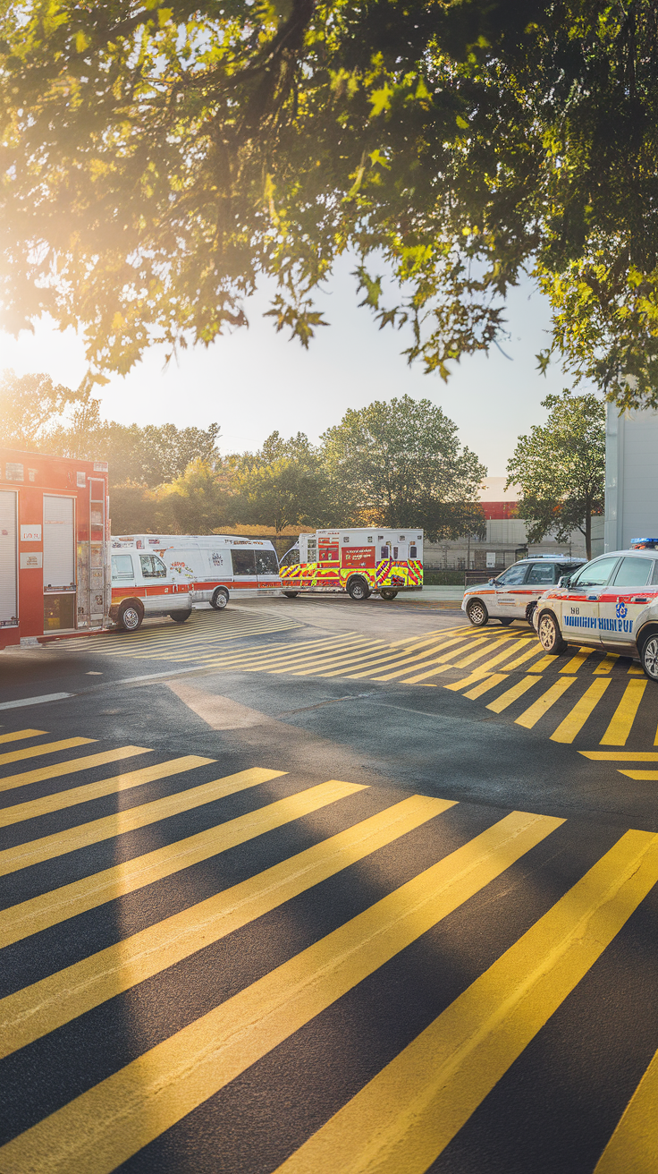 Emergency response vehicles parked in a sunny outdoor area with yellow striped markings on the ground.