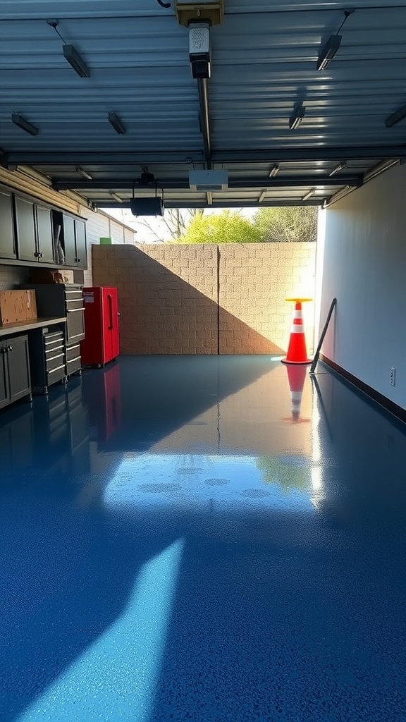 A clean and shiny blue epoxy floor in a garage with cabinets and a red fridge.