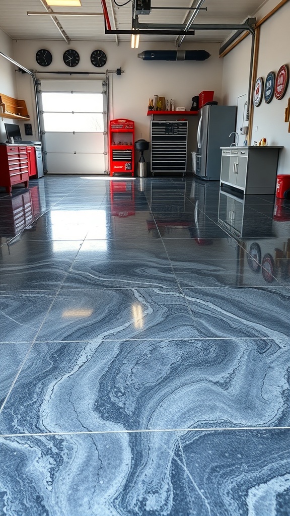 A modern garage with a marbled charcoal epoxy floor, showcasing a sleek design and organized tools.