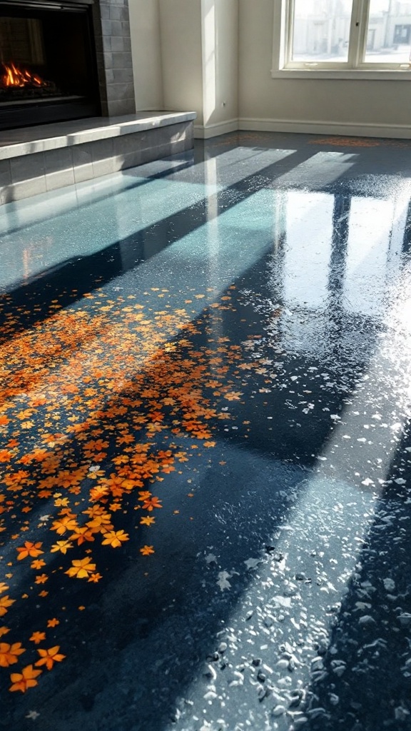 A bright room with a stunning floor design featuring orange leaves and reflections.